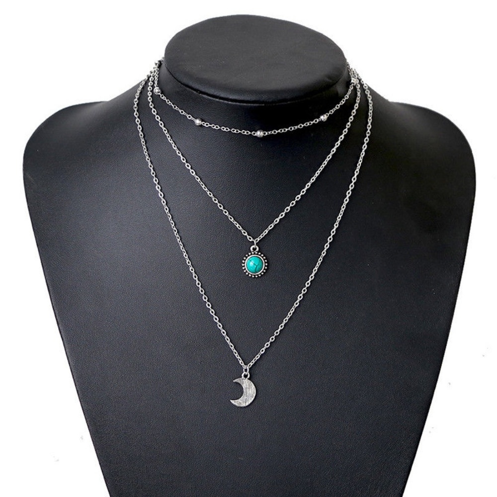 Boho Silver Moon Turquoise Pendant Layer Necklace - Picture 7 of 8